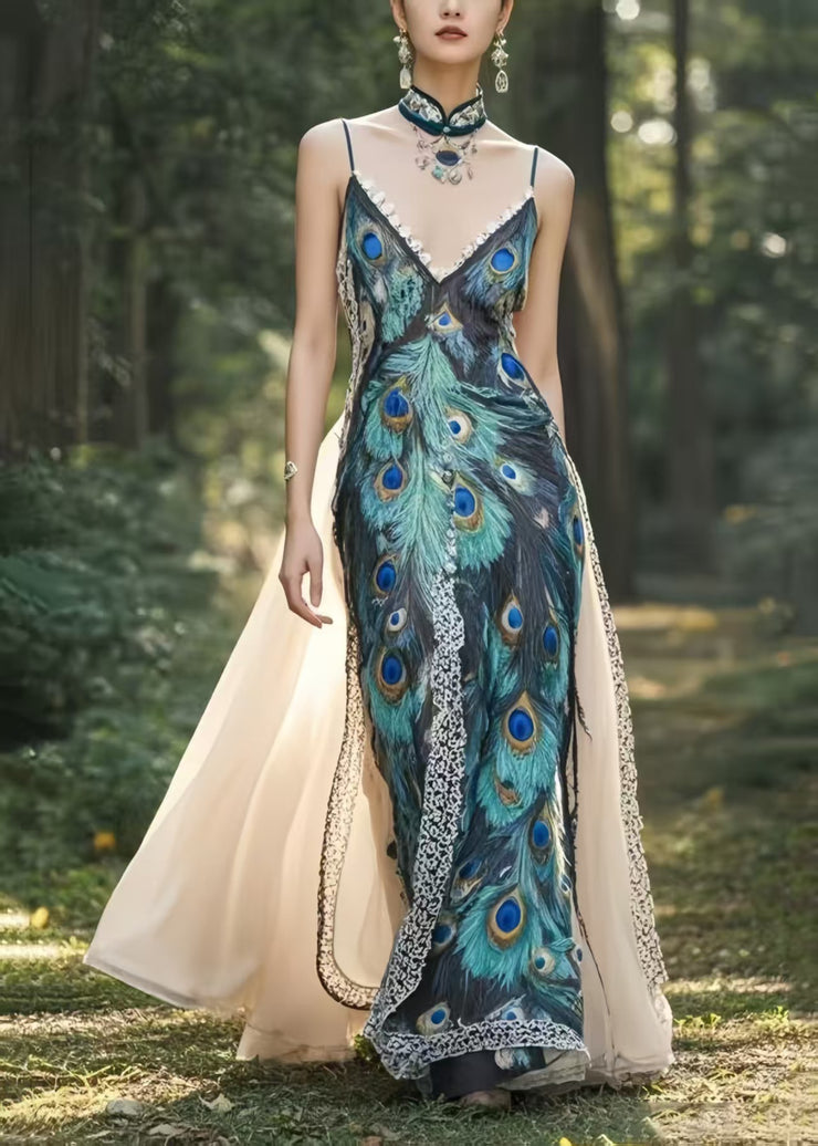 Beautiful Peacock Feather Print Patchwork Exra Large Hem Chiffon Party Dress Summer