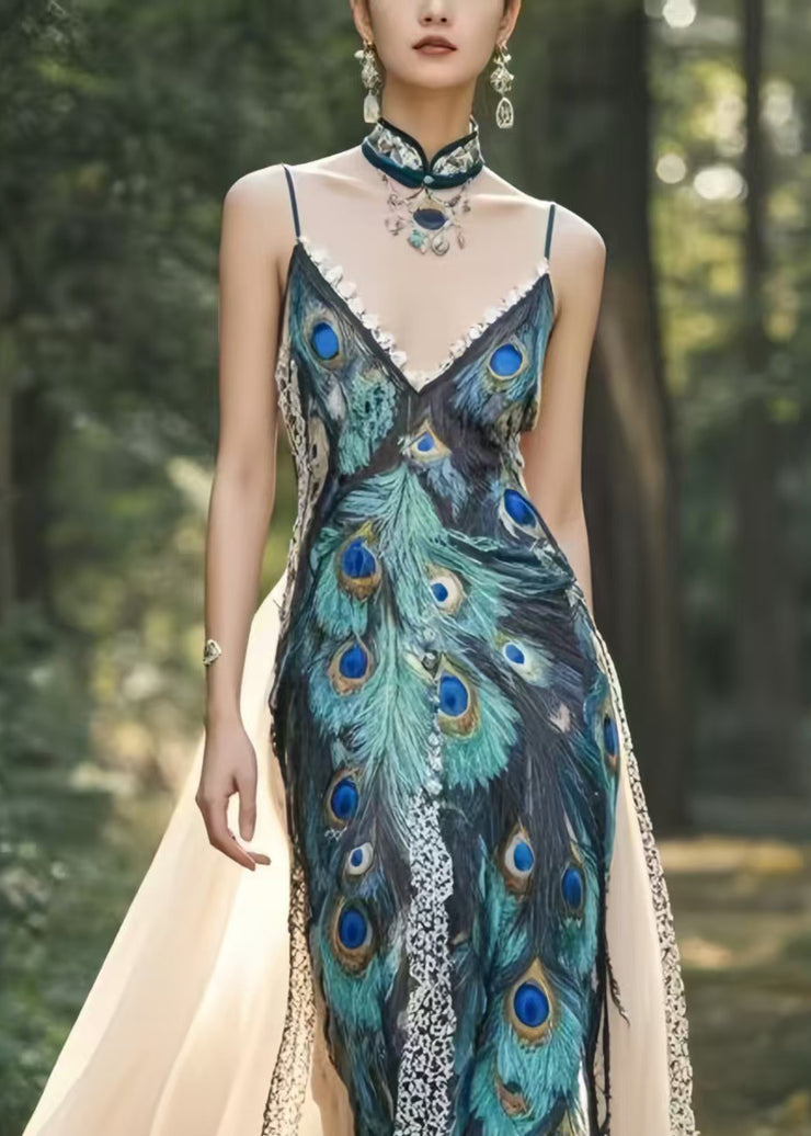 Beautiful Peacock Feather Print Patchwork Exra Large Hem Chiffon Party Dress Summer