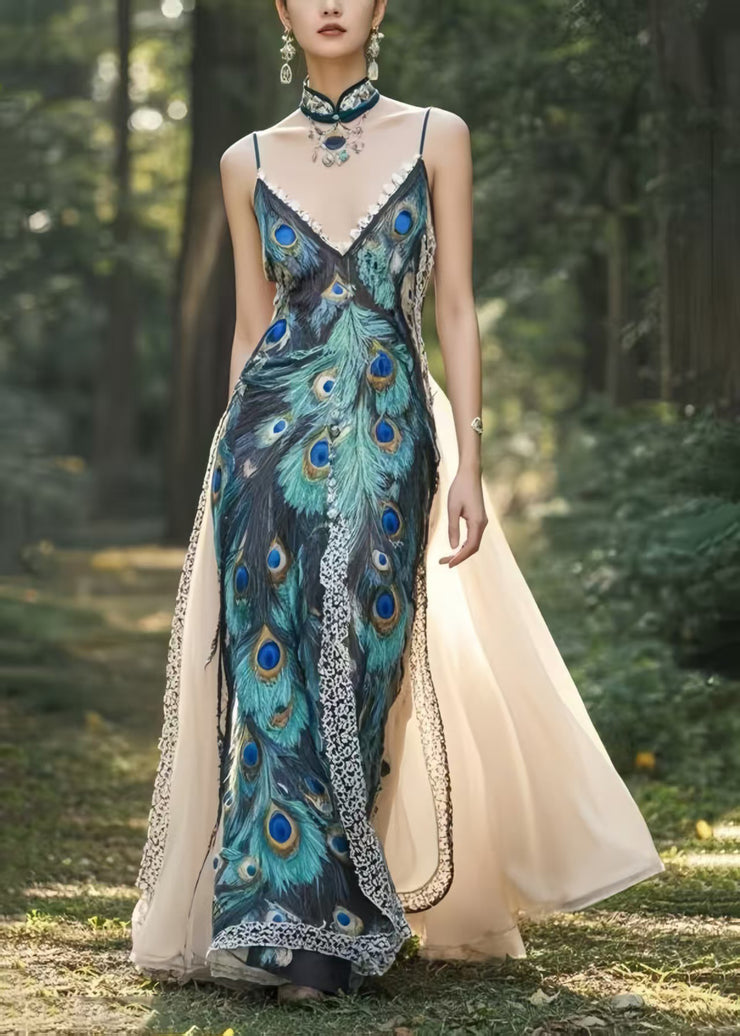 Beautiful Peacock Feather Print Patchwork Exra Large Hem Chiffon Party Dress Summer