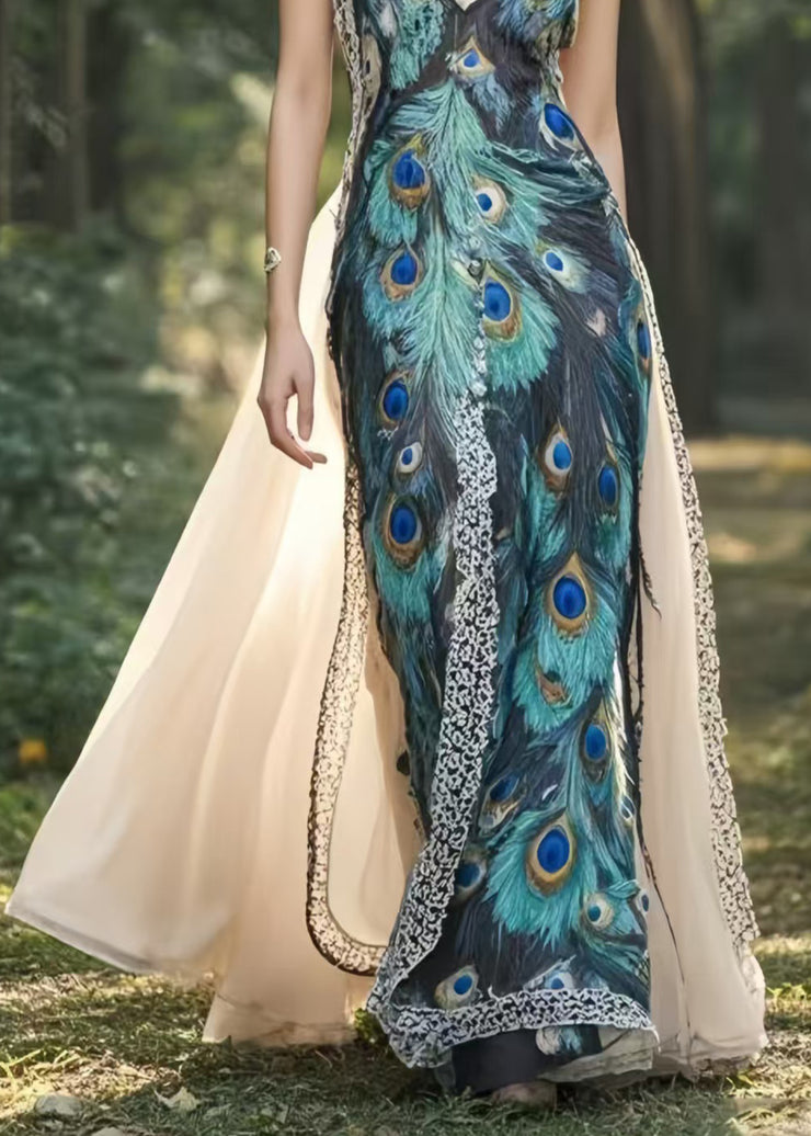 Beautiful Peacock Feather Print Patchwork Exra Large Hem Chiffon Party Dress Summer