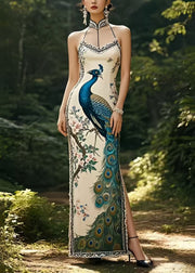 Beautiful Peacock Print Side Open Silm Fit Silk Party Dress Summer