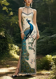 Beautiful Peacock Print Side Open Silm Fit Silk Party Dress Summer