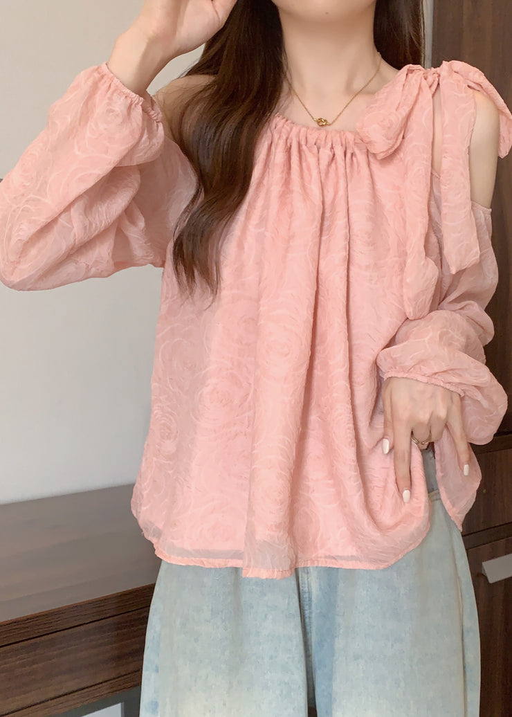 Beautiful Pink Cold Shoulder Bow Chiffon Shirt Tops Fall