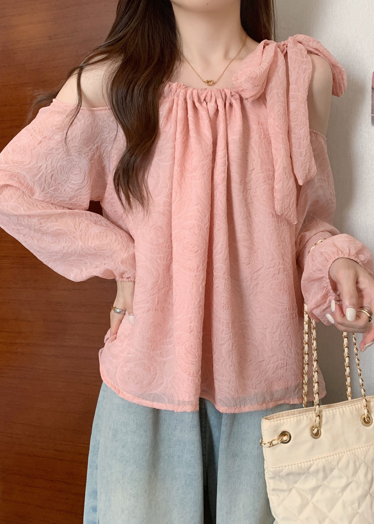 Beautiful Pink Cold Shoulder Bow Chiffon Shirt Tops Fall