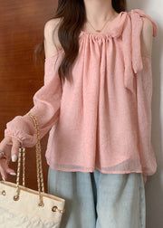 Beautiful Pink Cold Shoulder Bow Chiffon Shirt Tops Fall