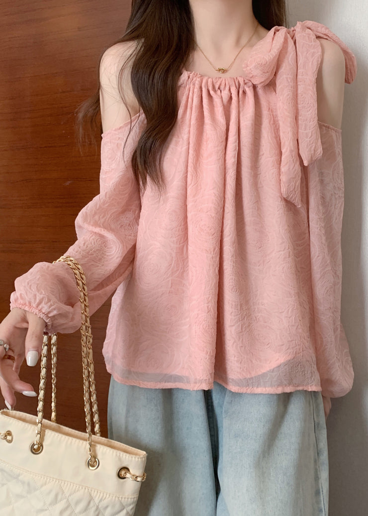 Beautiful Pink Cold Shoulder Bow Chiffon Shirt Tops Fall