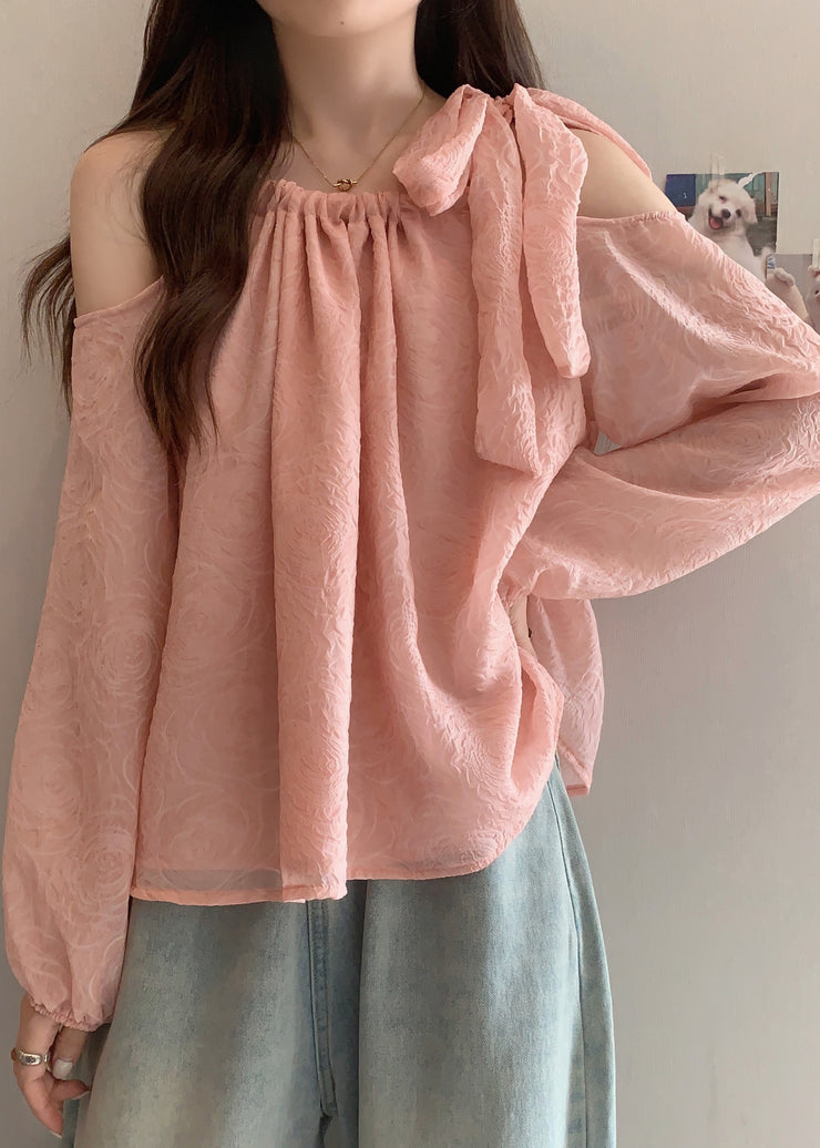 Beautiful Pink Cold Shoulder Bow Chiffon Shirt Tops Fall