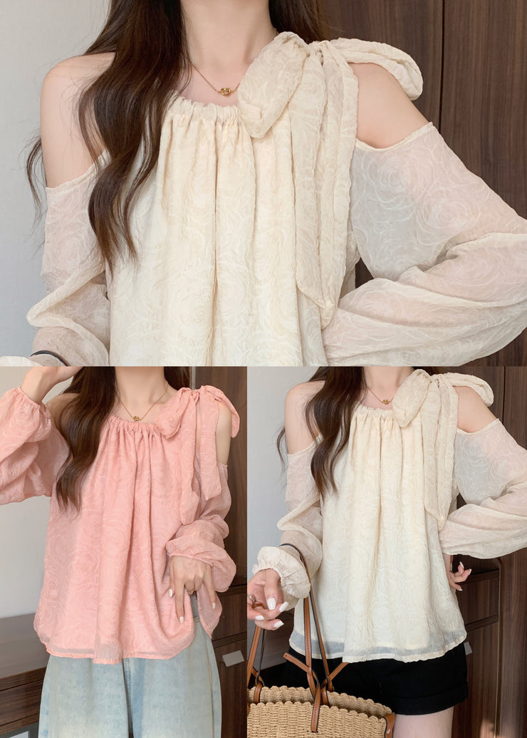 Beautiful Pink Cold Shoulder Bow Chiffon Shirt Tops Fall