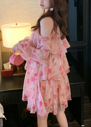 Beautiful Pink Cold Shoulder Print Chiffon Mid Dress Summer