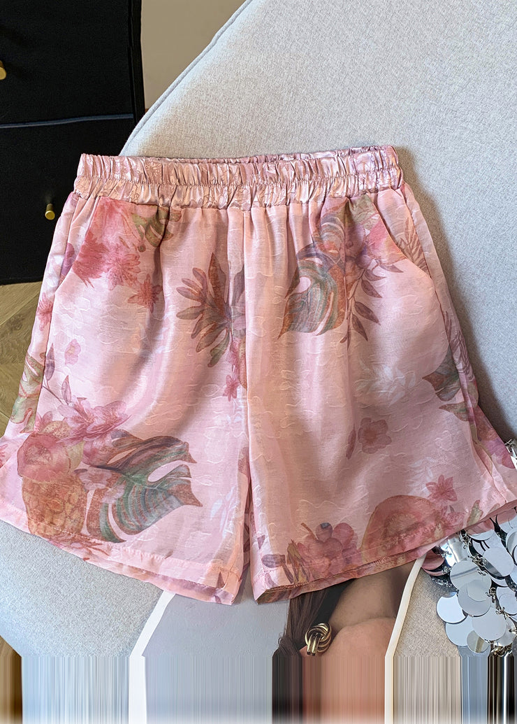 Beautiful Pink Elastic Waist Print Silk Shorts Summer