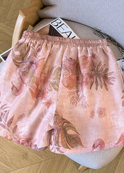 Beautiful Pink Elastic Waist Print Silk Shorts Summer