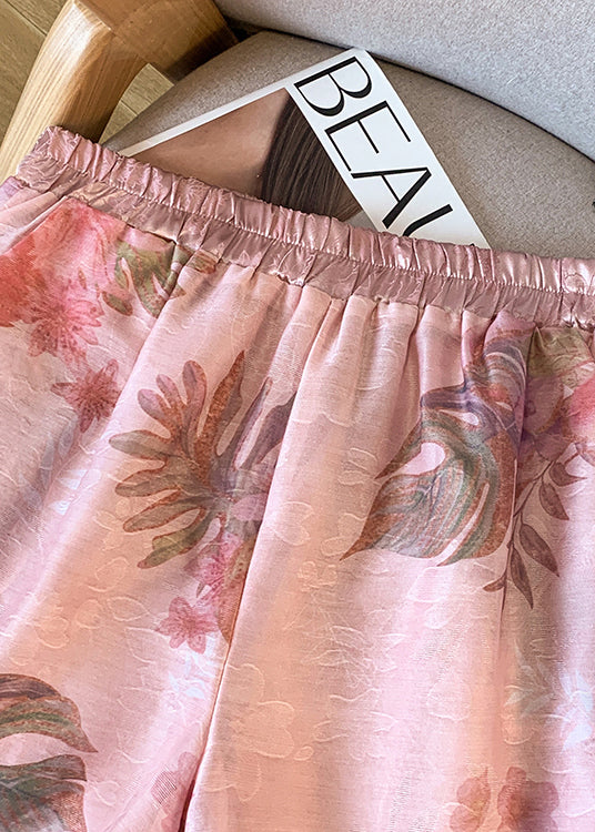 Beautiful Pink Elastic Waist Print Silk Shorts Summer
