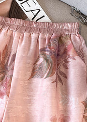 Beautiful Pink Elastic Waist Print Silk Shorts Summer