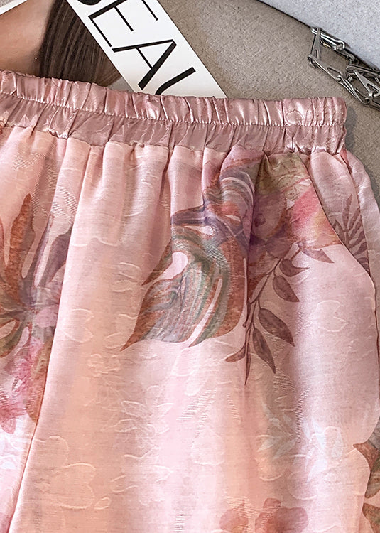 Beautiful Pink Elastic Waist Print Silk Shorts Summer
