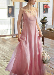 Beautiful Pink Embroidered Cardigan And Spaghetti Strap Dress Silk Two Pieces Set Flare Sleeve