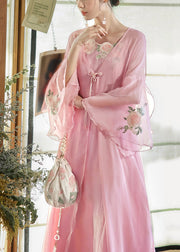 Beautiful Pink Embroidered Cardigan And Spaghetti Strap Dress Silk Two Pieces Set Flare Sleeve