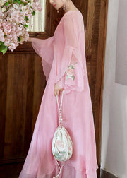 Beautiful Pink Embroidered Cardigan And Spaghetti Strap Dress Silk Two Pieces Set Flare Sleeve