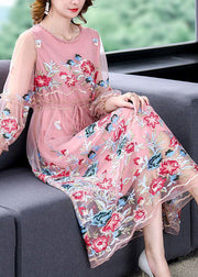 Beautiful Pink Embroideried Tie Waist Hollow Out Tulle Party Dress Summer