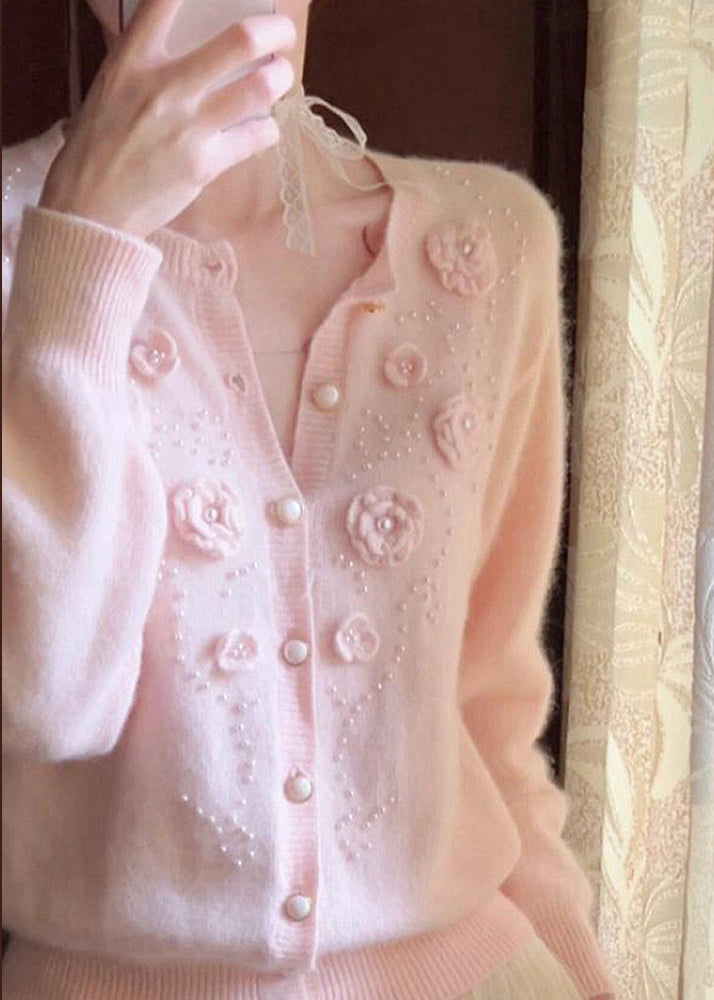 Beautiful Pink Floral Decorated Nail Bead Knit Cardigan Winter
