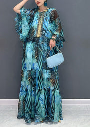 Beautiful Pink Flower Ruffled Chiffon Maxi Dress Batwing Sleeve