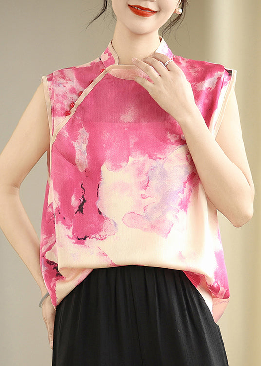 Beautiful Pink Mandarin Collar Tie Dye Silk Top Sleeveless