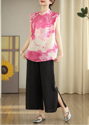Beautiful Pink Mandarin Collar Tie Dye Silk Top Sleeveless