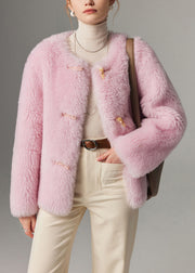 Beautiful Pink O Neck Button Solid Woolen Coats Winter
