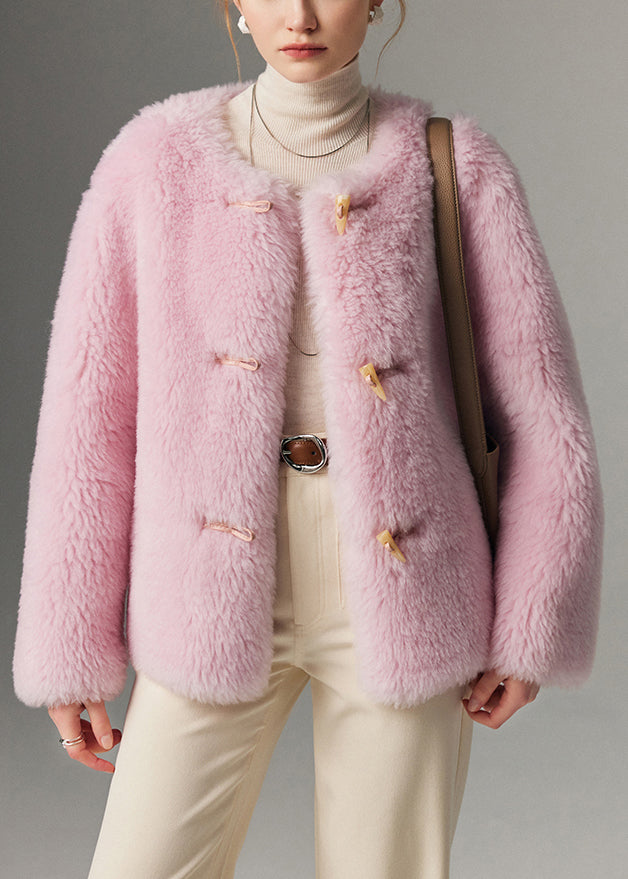 Beautiful Pink O Neck Button Solid Woolen Coats Winter