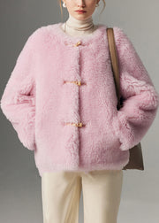 Beautiful Pink O Neck Button Solid Woolen Coats Winter