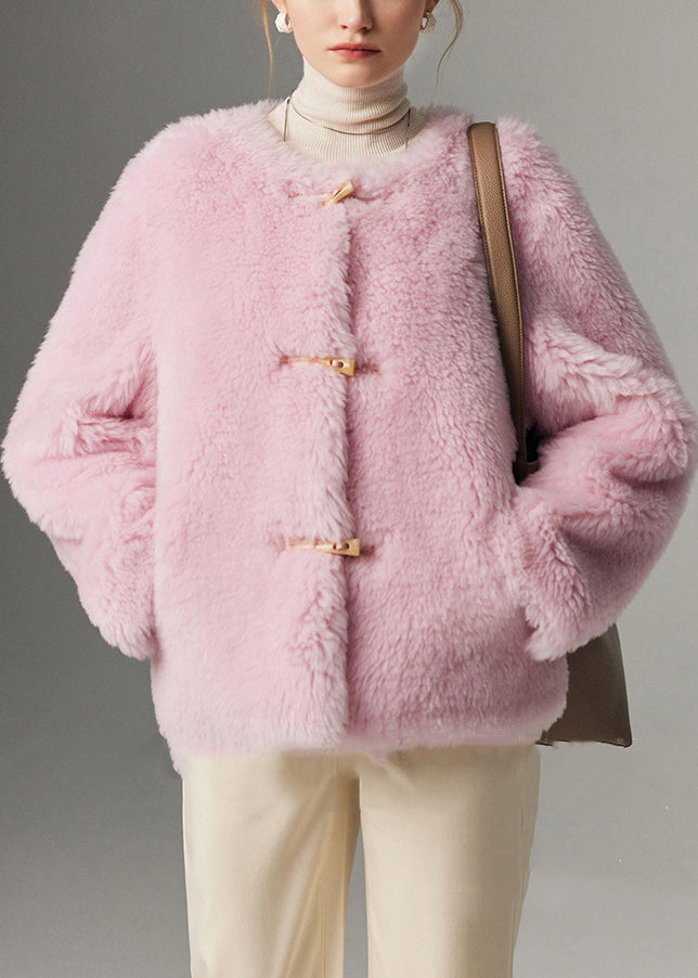 Beautiful Pink O Neck Button Solid Woolen Coats Winter