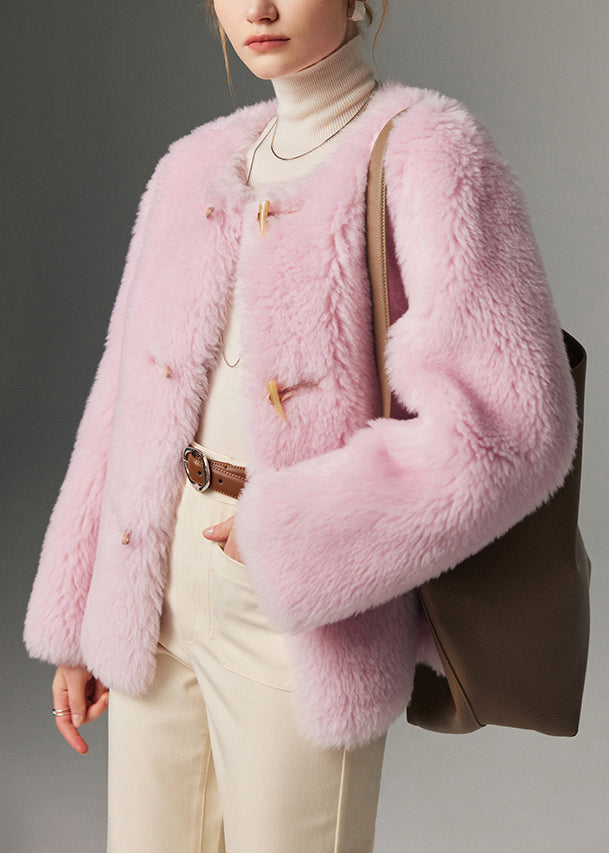 Beautiful Pink O Neck Button Solid Woolen Coats Winter