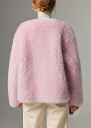 Beautiful Pink O Neck Button Solid Woolen Coats Winter
