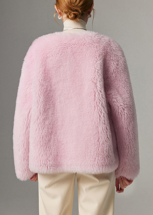 Beautiful Pink O Neck Button Solid Woolen Coats Winter