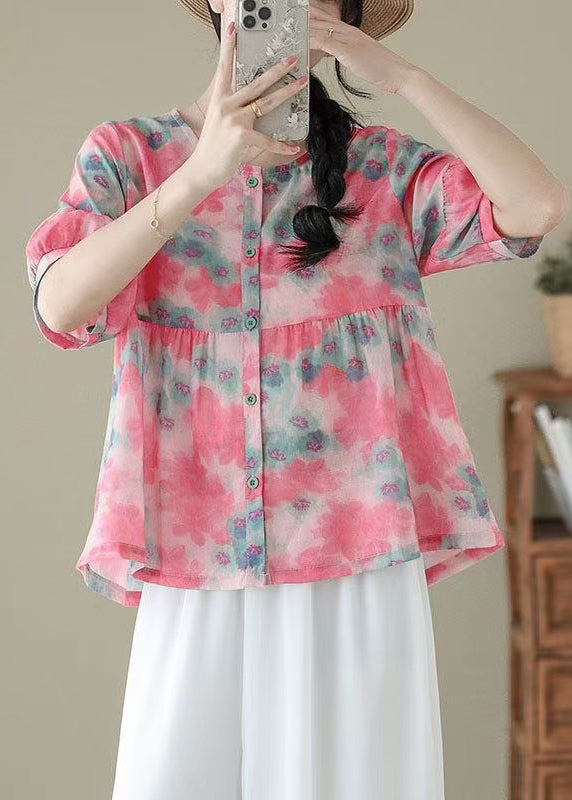 Beautiful Pink O Neck Print Patchwork Cotton Shirts Summer