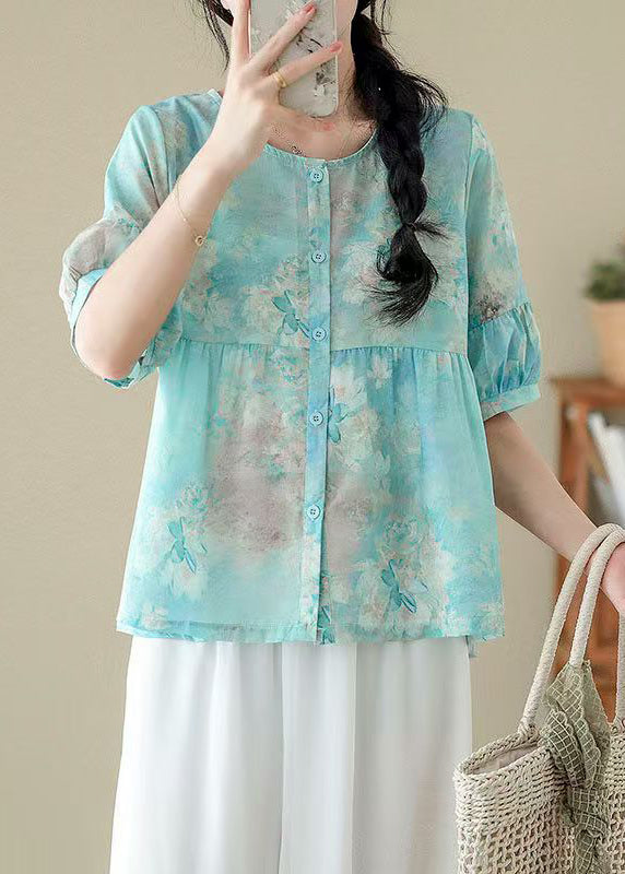 Beautiful Pink O Neck Print Patchwork Cotton Shirts Summer