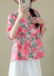 Beautiful Pink O Neck Print Patchwork Cotton Shirts Summer