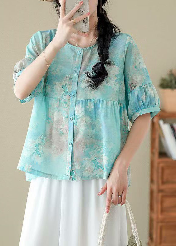 Beautiful Pink O Neck Print Patchwork Cotton Shirts Summer