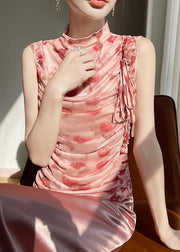 Beautiful Pink Print Wrinkled Lace Up Tulle Tops Sleeveless