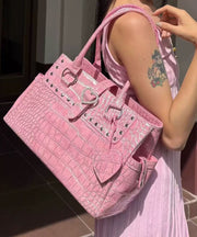 Beautiful Pink Rivet Solid Durable Faux Leather Shoulder Bags