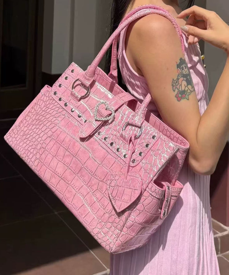 Beautiful Pink Rivet Solid Durable Faux Leather Shoulder Bags