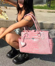 Beautiful Pink Rivet Solid Durable Faux Leather Shoulder Bags