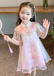 Beautiful Pink Stand Collar Embroideried Tulle Girls Holiday Tulle Maxi Dress Summer