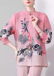 Beautiful Pink Stand Collar Print Button Silk Coats Fall