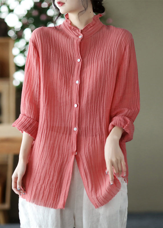 Beautiful Pink Stand Collar Wrinkled Button Linen Shirt Long Sleeve