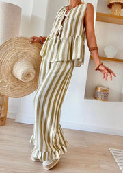 Beautiful Pink Striped O-Neck Top And Wide Leg Pants Two Piece Set Summer