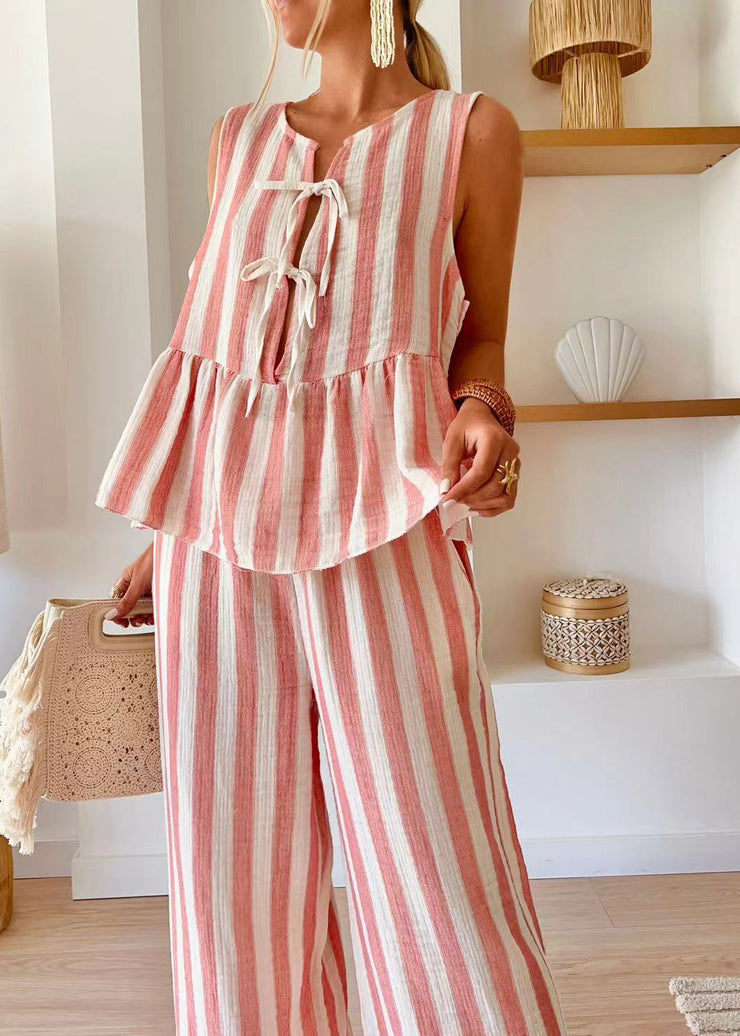 Beautiful Pink Striped O-Neck Top And Wide Leg Pants Two Piece Set Summer