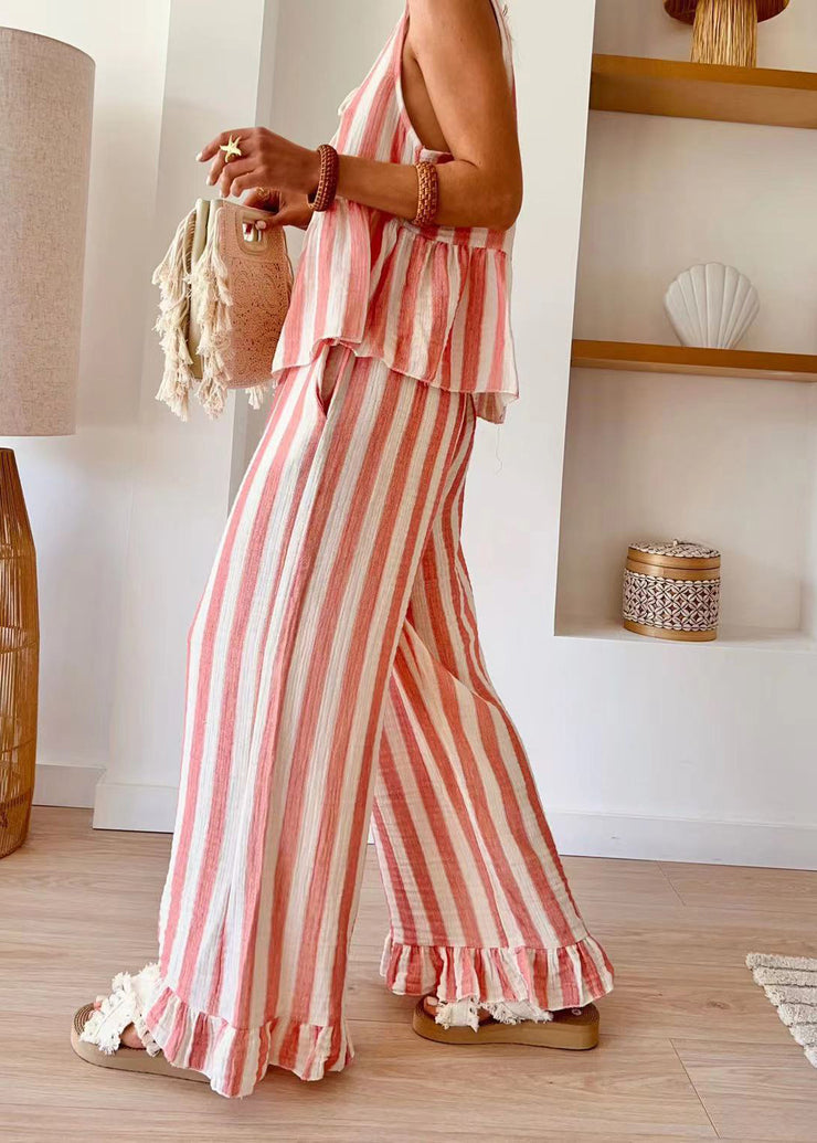 Beautiful Pink Striped O-Neck Top And Wide Leg Pants Two Piece Set Summer