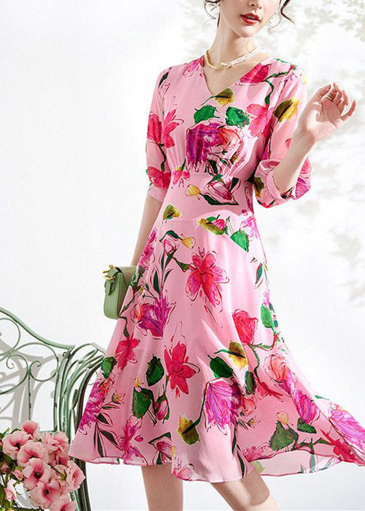 Beautiful Pink V Neck Print Tunic Chiffon Long Dresses Summer