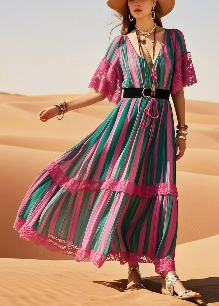 Beautiful Polychrome Striped Patchwork Lace Tunic Dress Summer
