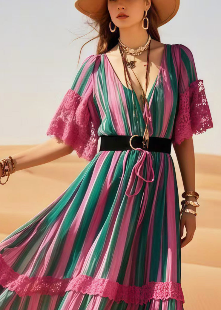 Beautiful Polychrome Striped Patchwork Lace Tunic Dress Summer